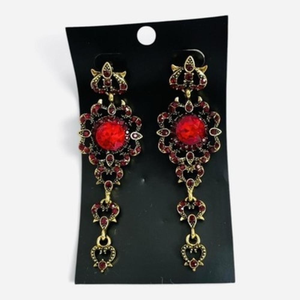 Vintage Red Rhinestone Gold-Tone Long Dangle Earrings 3" New